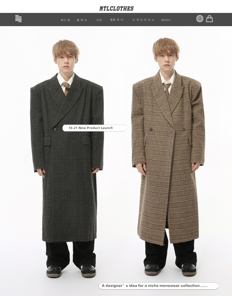 MTLCLOTHES Plaid Loose Wool Blend Long Coat