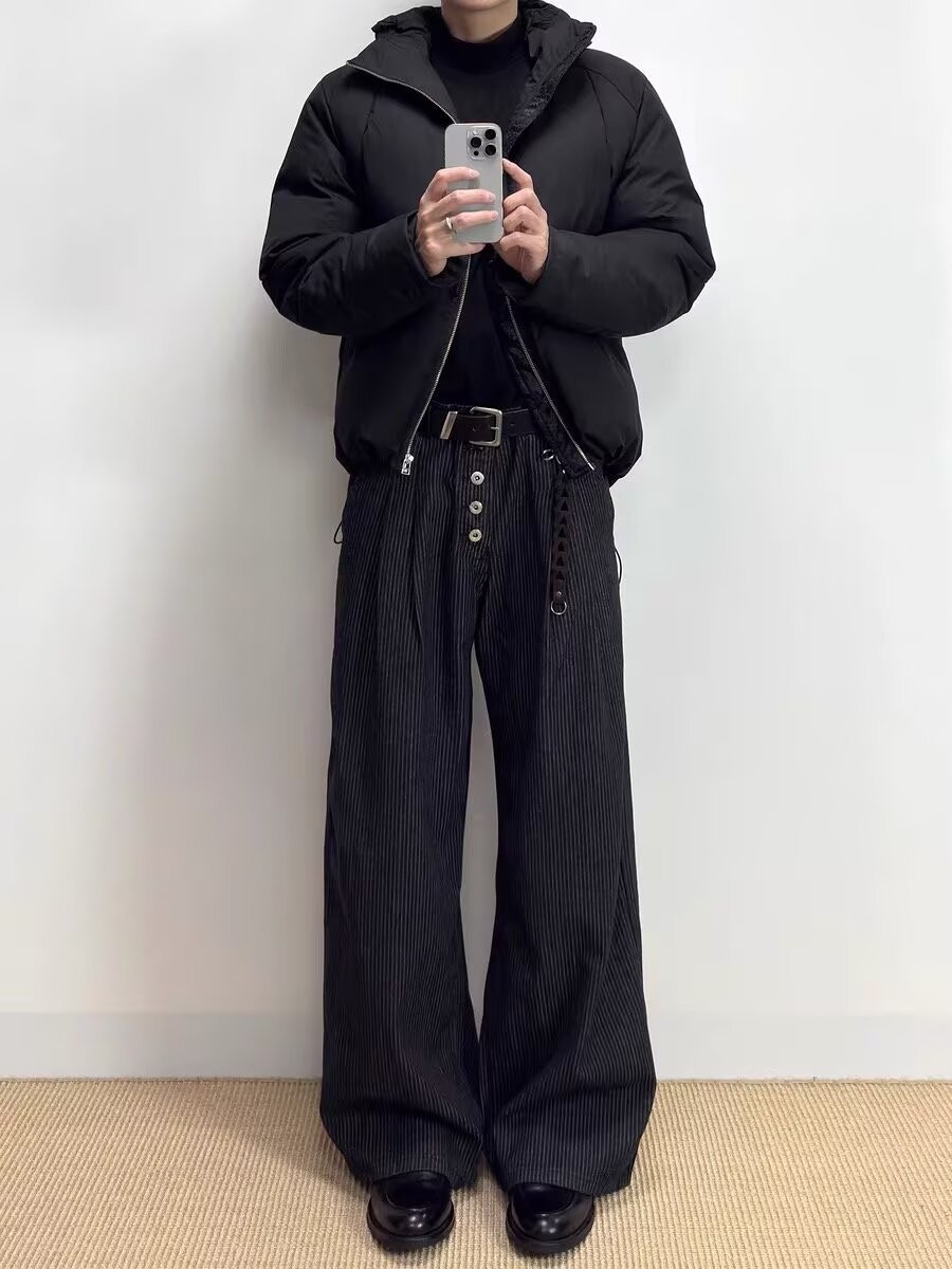 Men's High-Waist Pleated Denim Wide-Leg Trousers Men