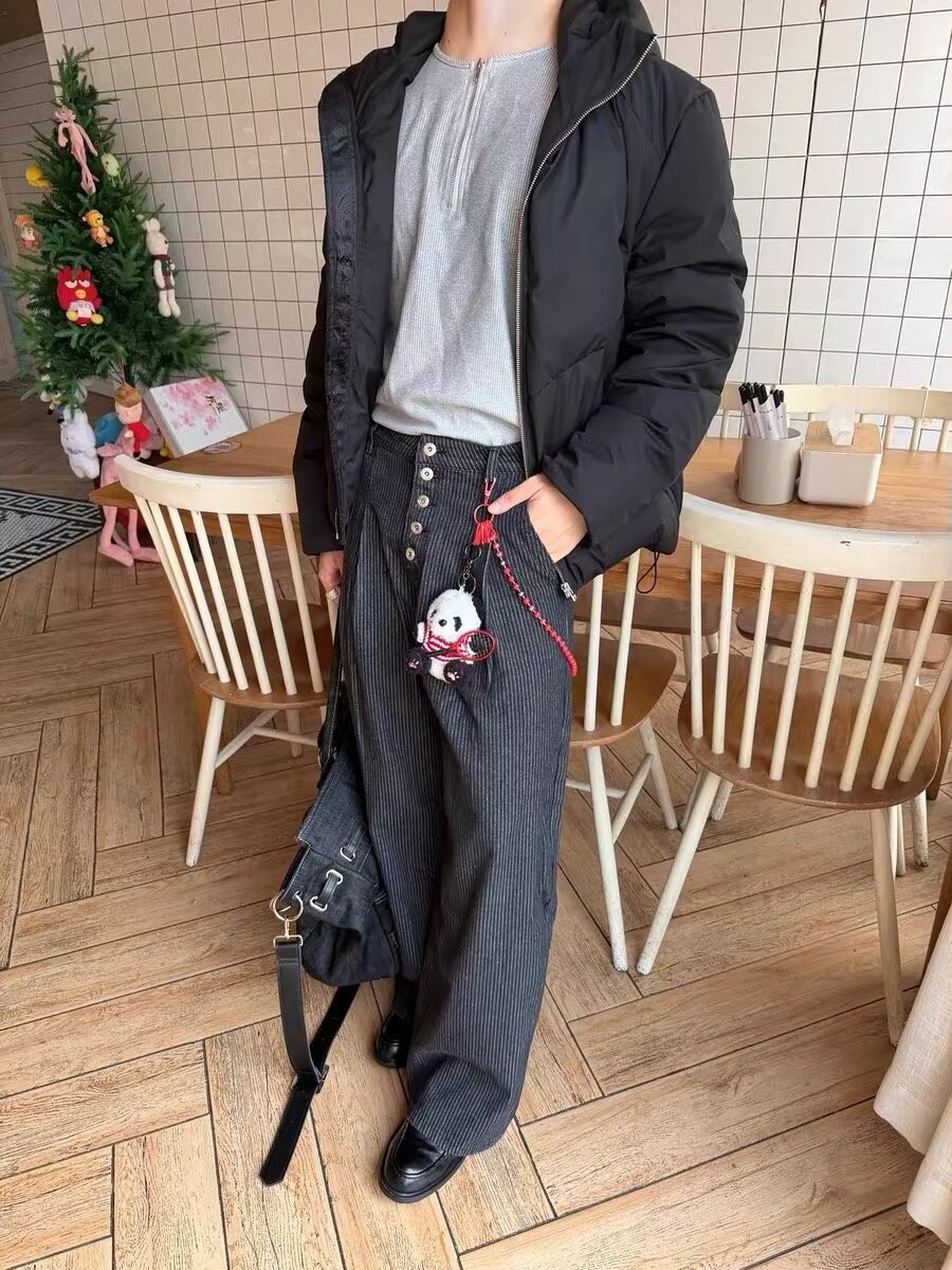 Men's High-Waist Pleated Denim Wide-Leg Trousers Men