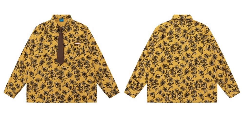 Vintage Floral Striped Cotton Blend Shirt with Tie