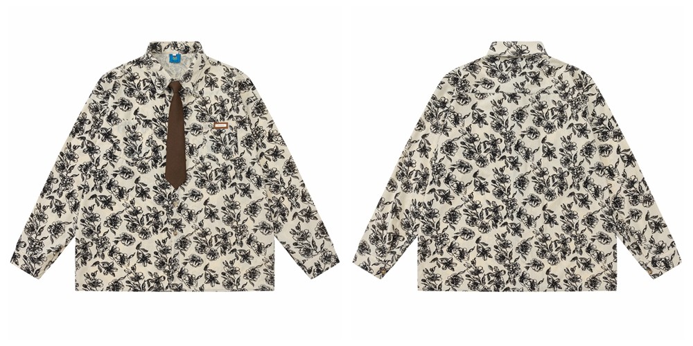 Vintage Floral Striped Cotton Blend Shirt with Tie