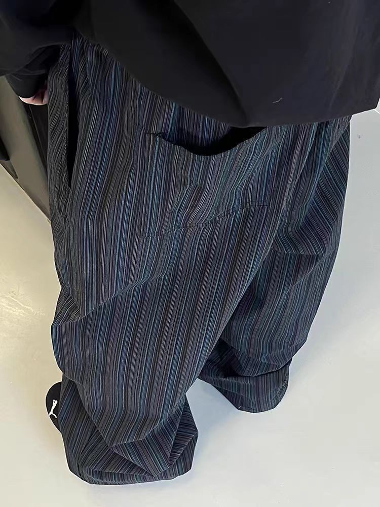 Vintage Black Blue Striped Wide-Leg Casual Pants