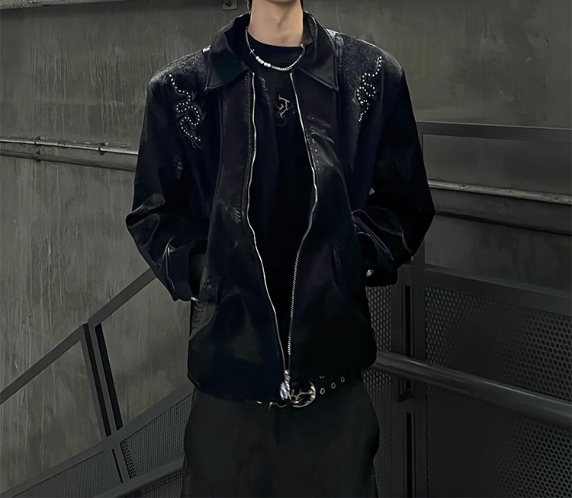 Cleanfit Black Snake-Texture Embroidered Leather Jacket Cleanfit Black Snake-Texture Embroidered Leather Jacket