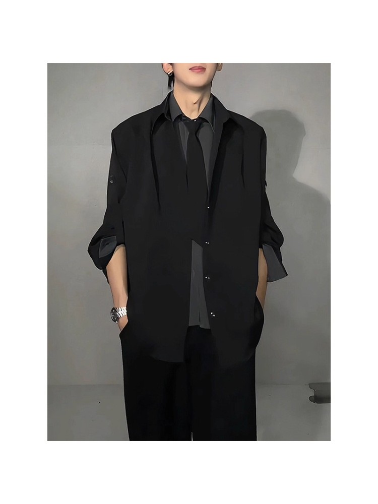 Men's Faux Two-Piece Tie Collar Shirt Jacket Men