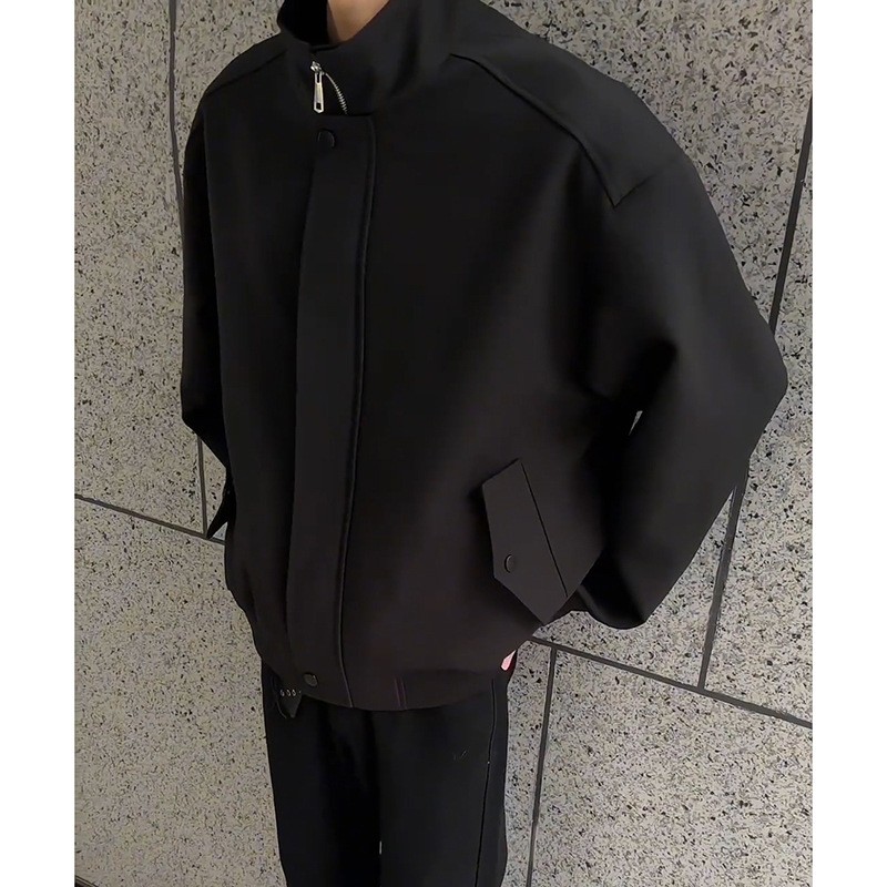 Men's Black Boxy Cleanfit Zip-Up Flight Jacket Men