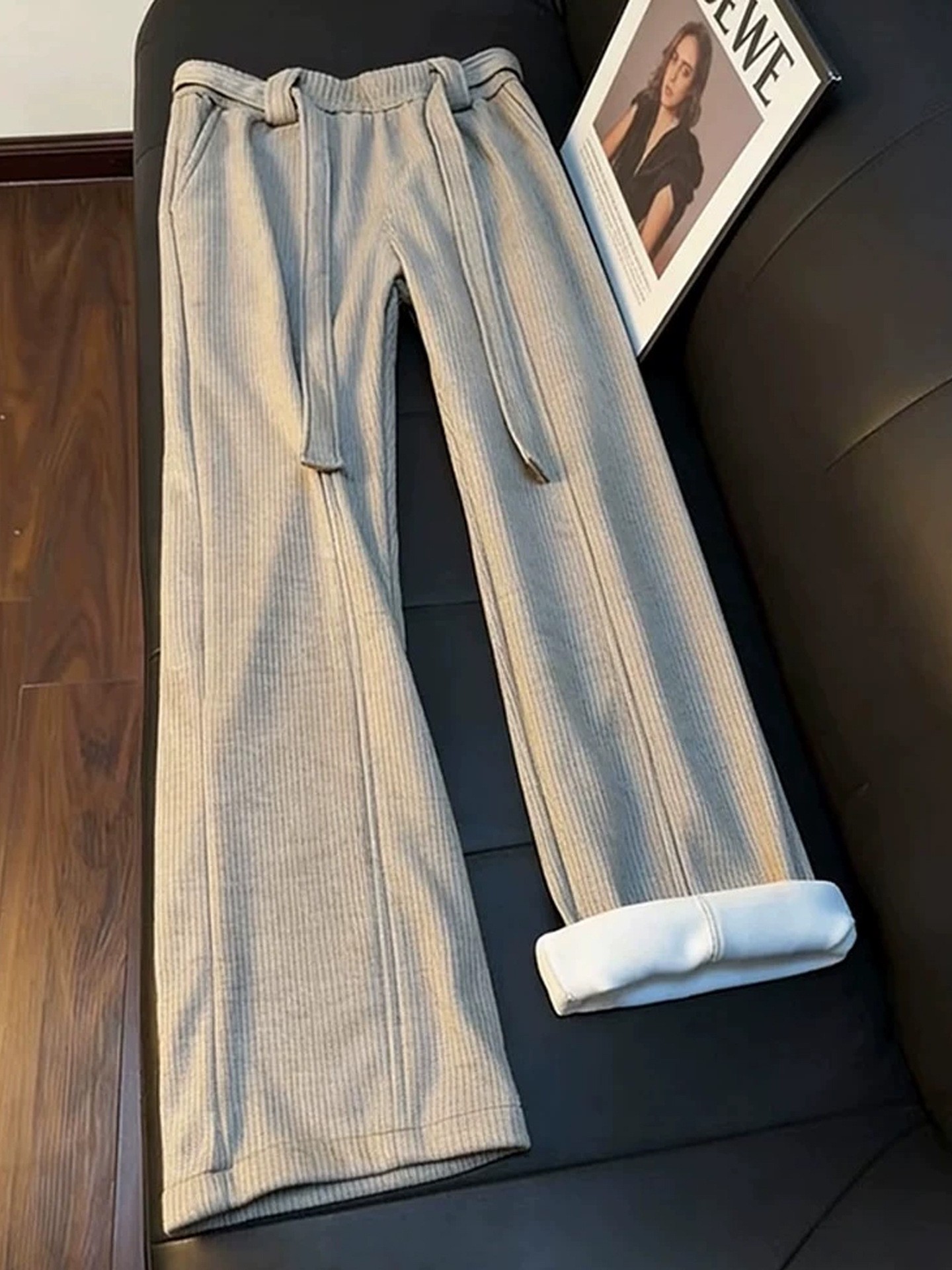 Men's High-Waist Slim Straight Fleece Lined Pants Men