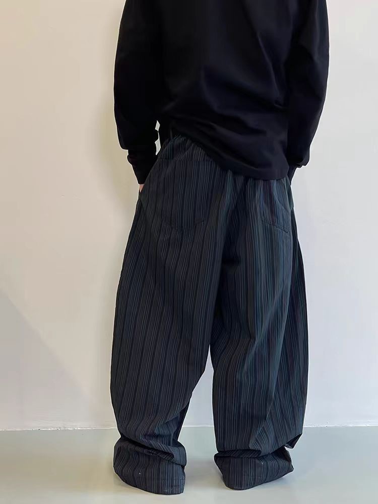 Vintage Black Blue Striped Wide-Leg Casual Pants