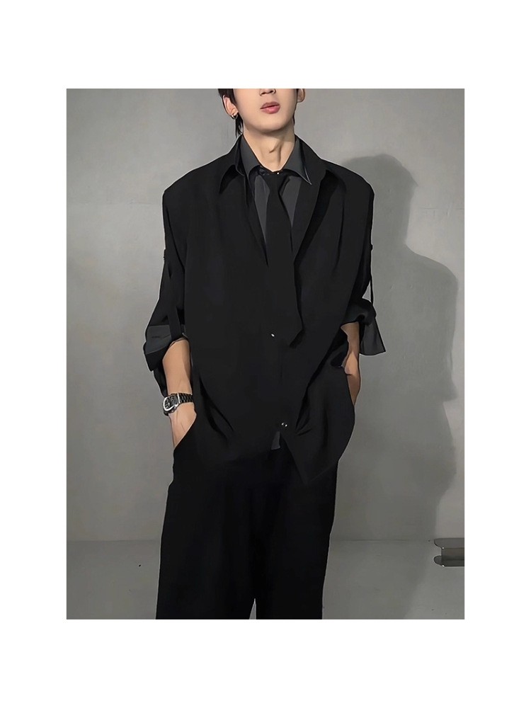 Men's Faux Two-Piece Tie Collar Shirt Jacket Men