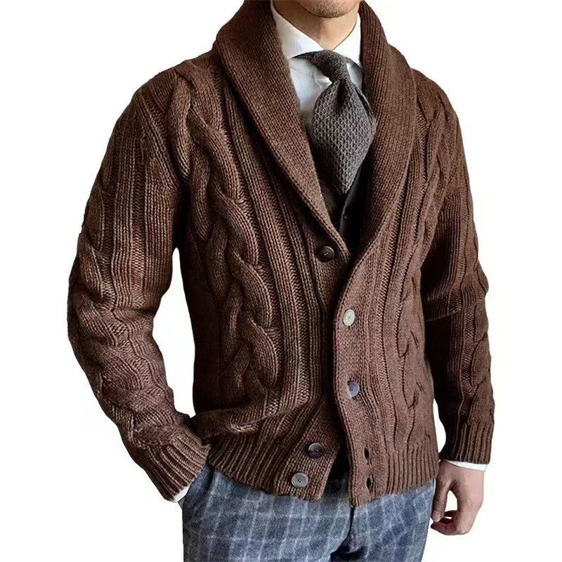 2025 Men’s Knitted Cable Cardigan with Turn-Down Collar