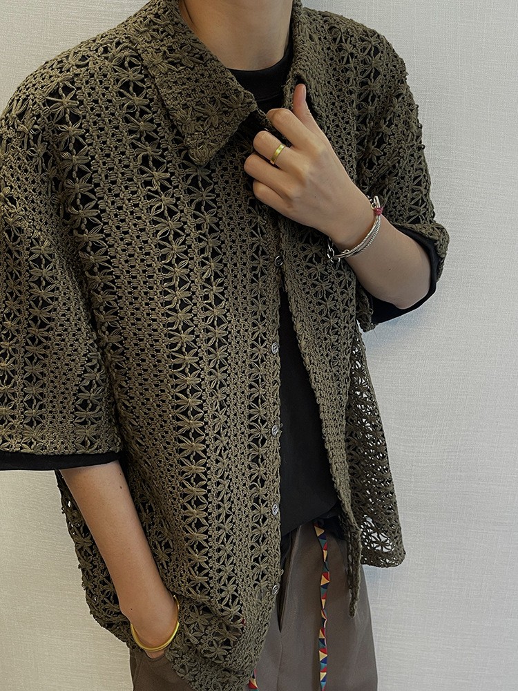 Men's Vintage Military Green Breathable Knit Shirt Men