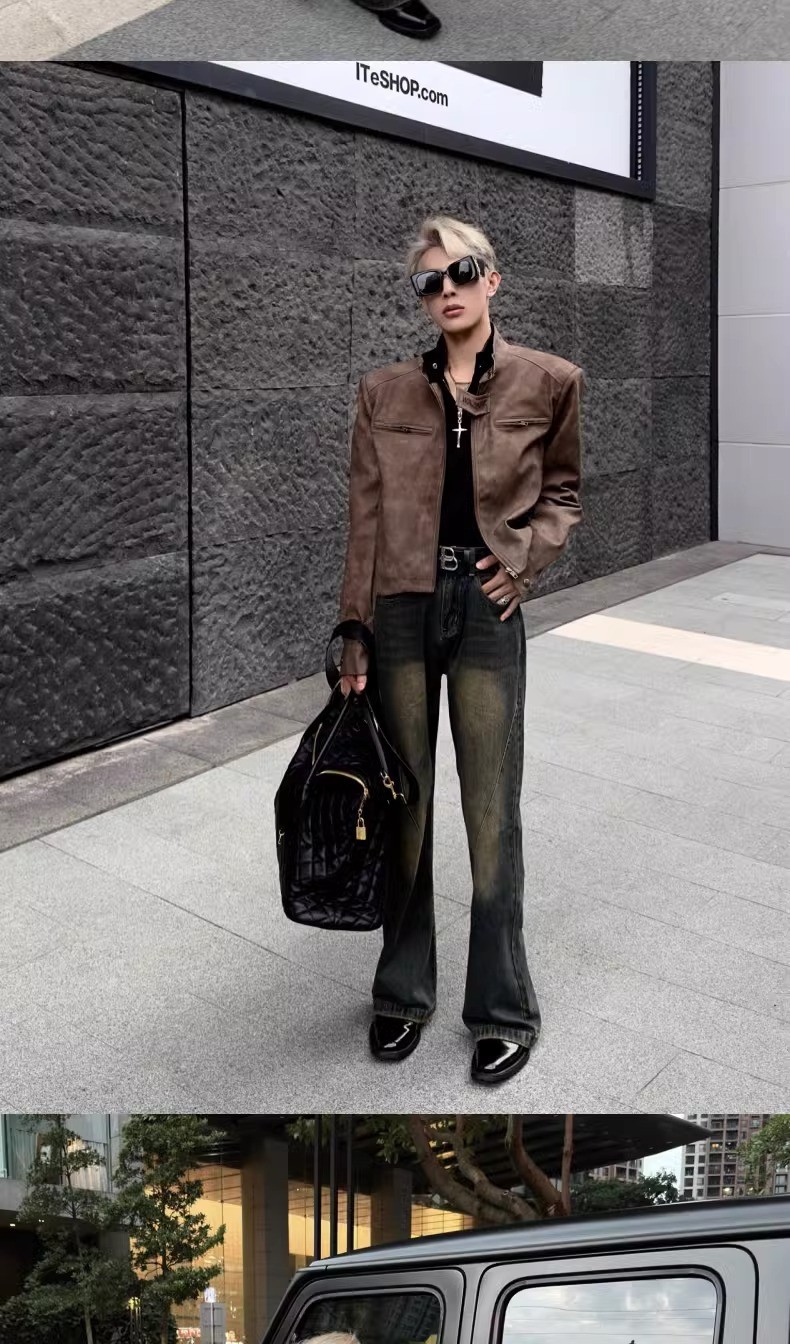 Vintage Brown Corduroy Hooded Biker Jacket