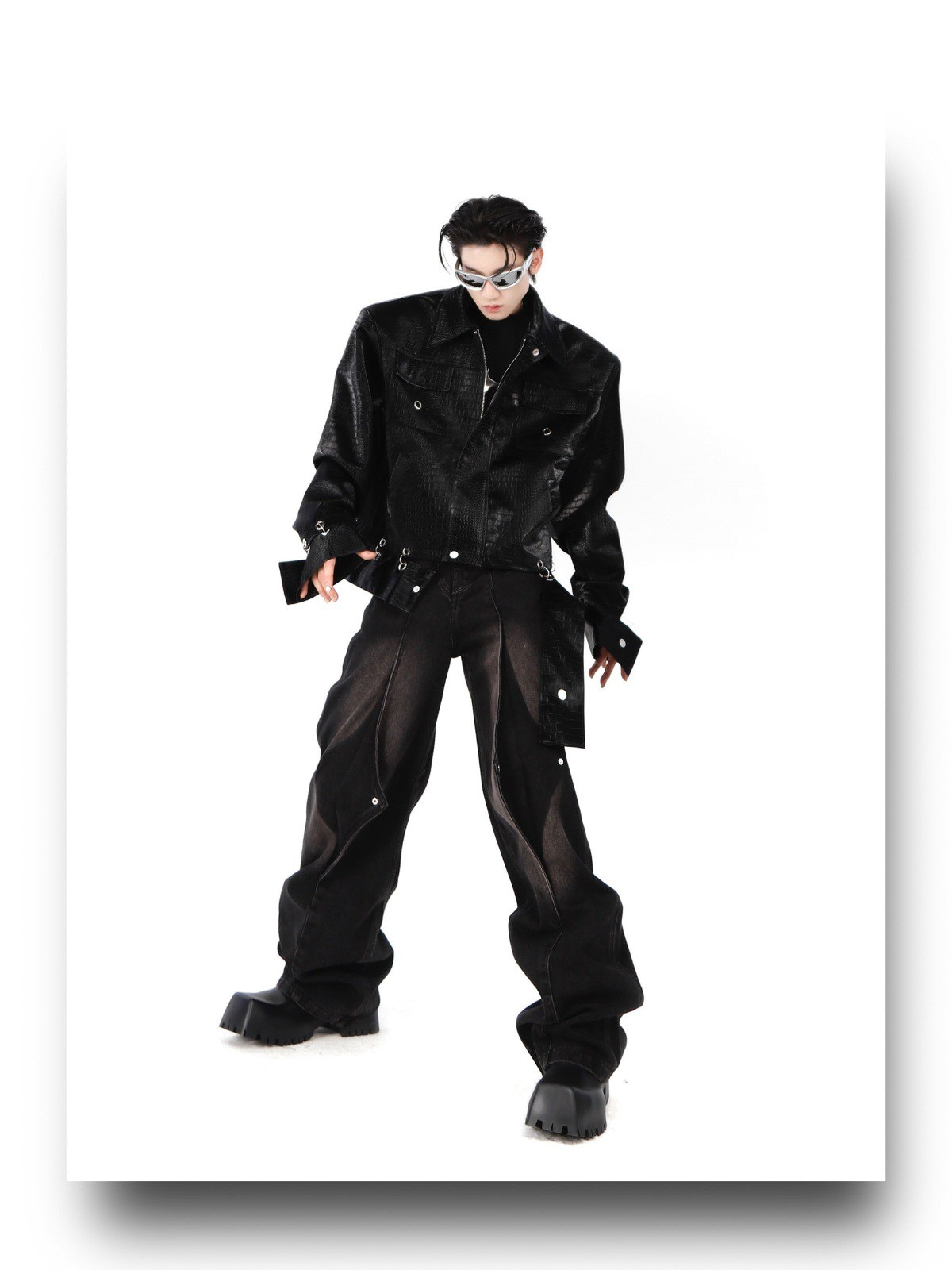 2024 Croc-Texture PU Leather Patchwork Jacket 2024 Croc-Texture PU Leather Patchwork Jacket