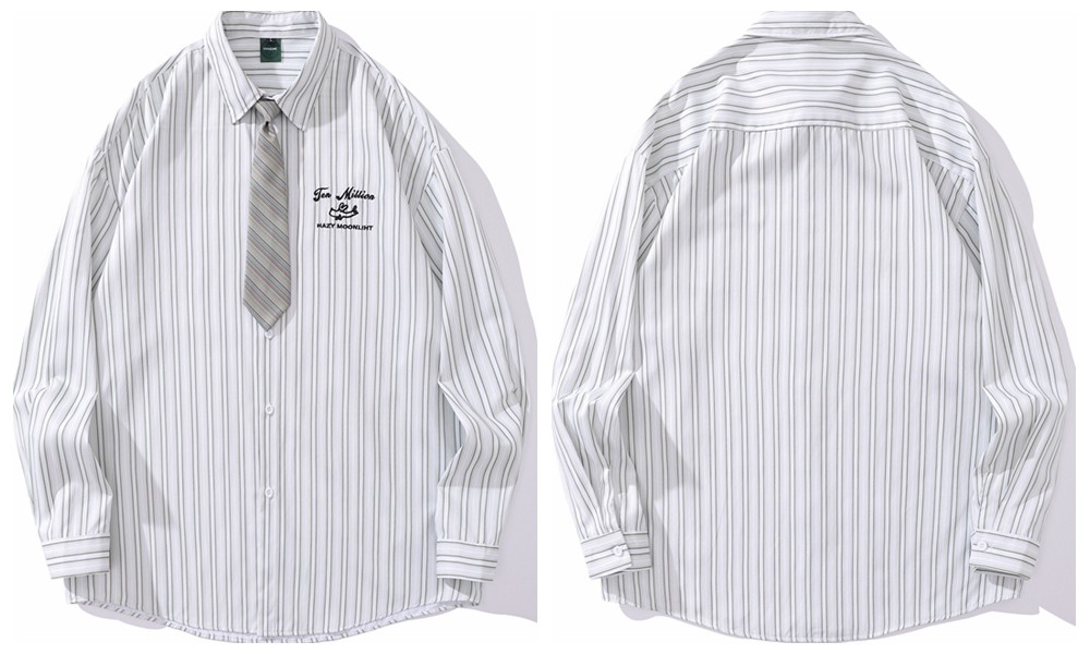 Vintage Floral Striped Cotton Blend Shirt with Tie