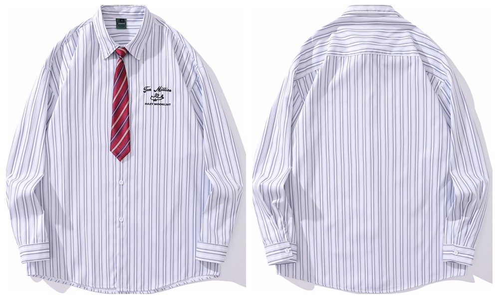 Vintage Floral Striped Cotton Blend Shirt with Tie