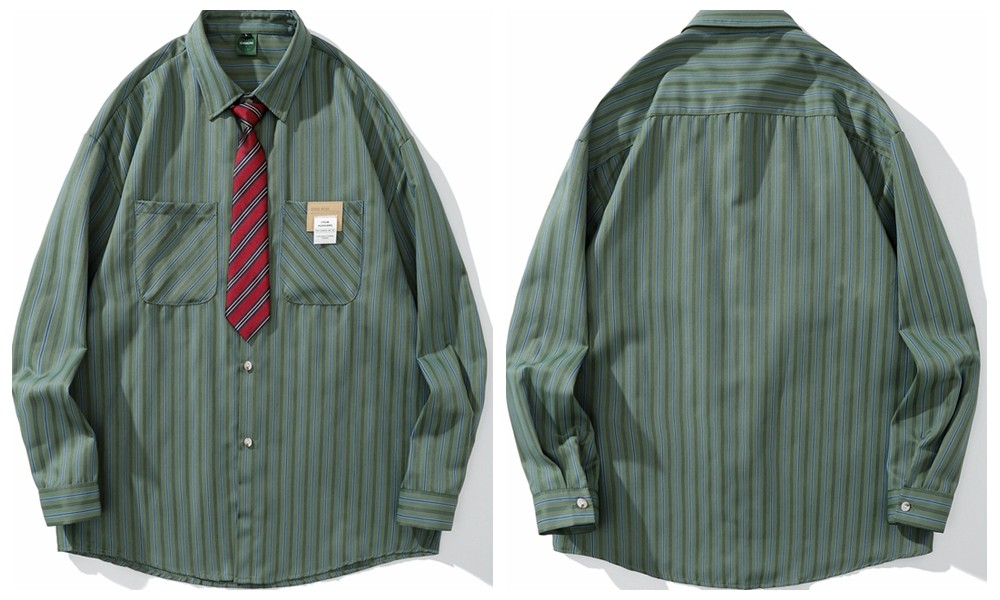 Vintage Floral Striped Cotton Blend Shirt with Tie