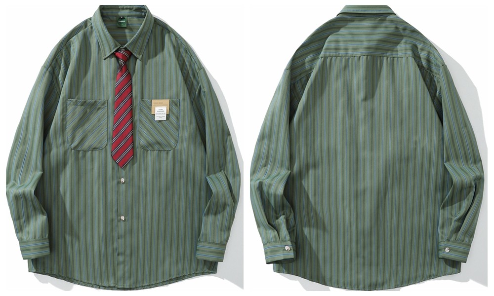 Vintage Floral Striped Cotton Blend Shirt with Tie