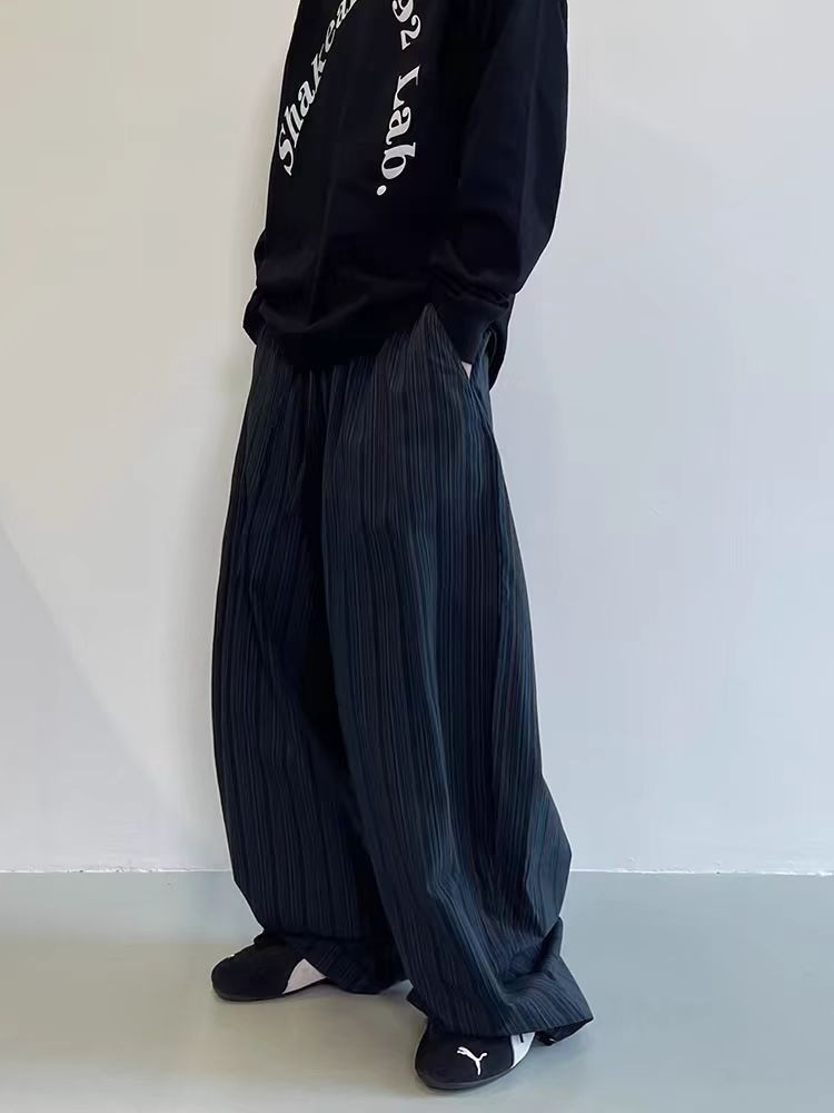 Vintage Black Blue Striped Wide-Leg Casual Pants