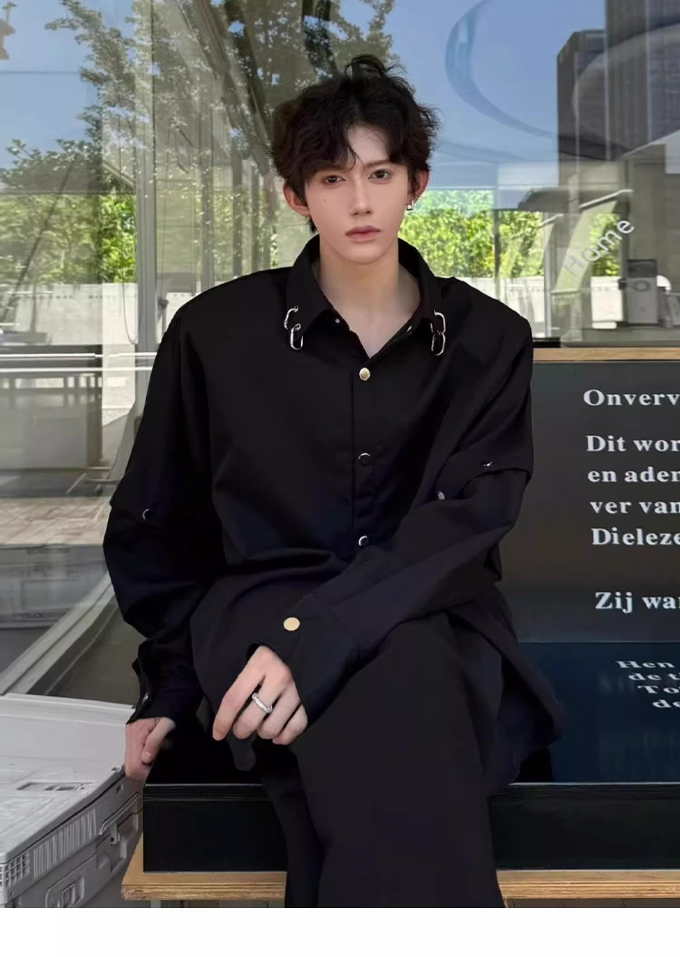 Black Detachable Shoulder Pad Casual Shirt for Men