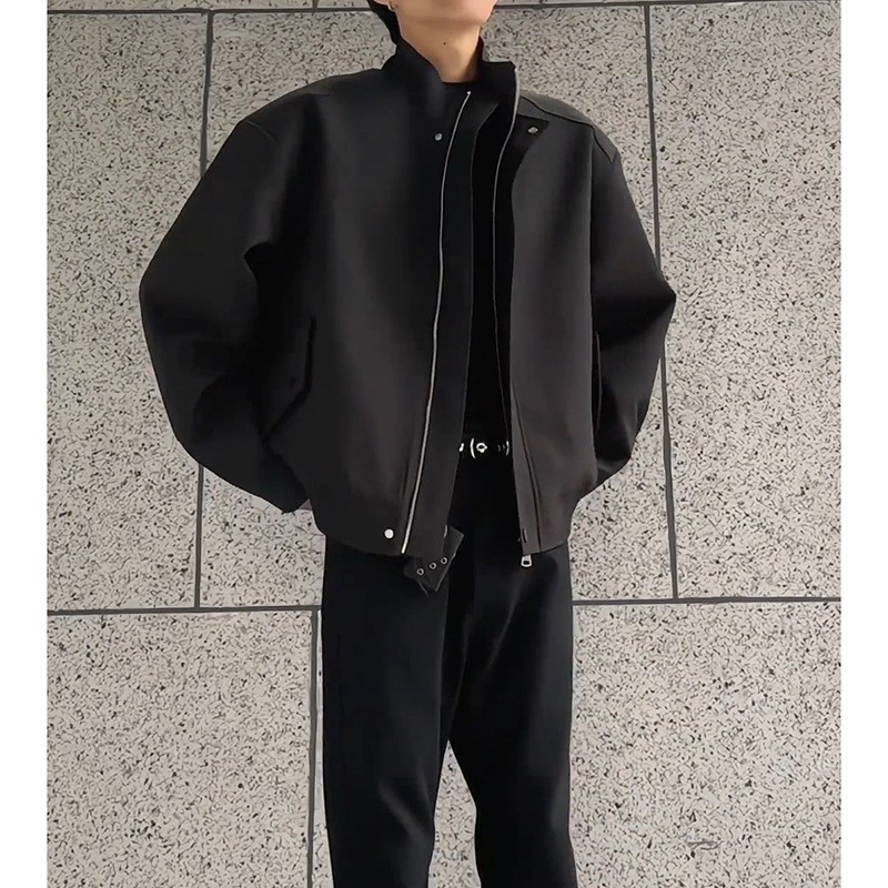 Men's Black Boxy Cleanfit Zip-Up Flight Jacket Men