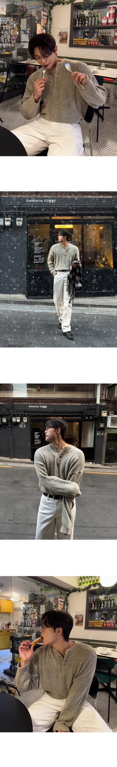 MYQ Loose Knit Henley Sweater for Men - Khaki