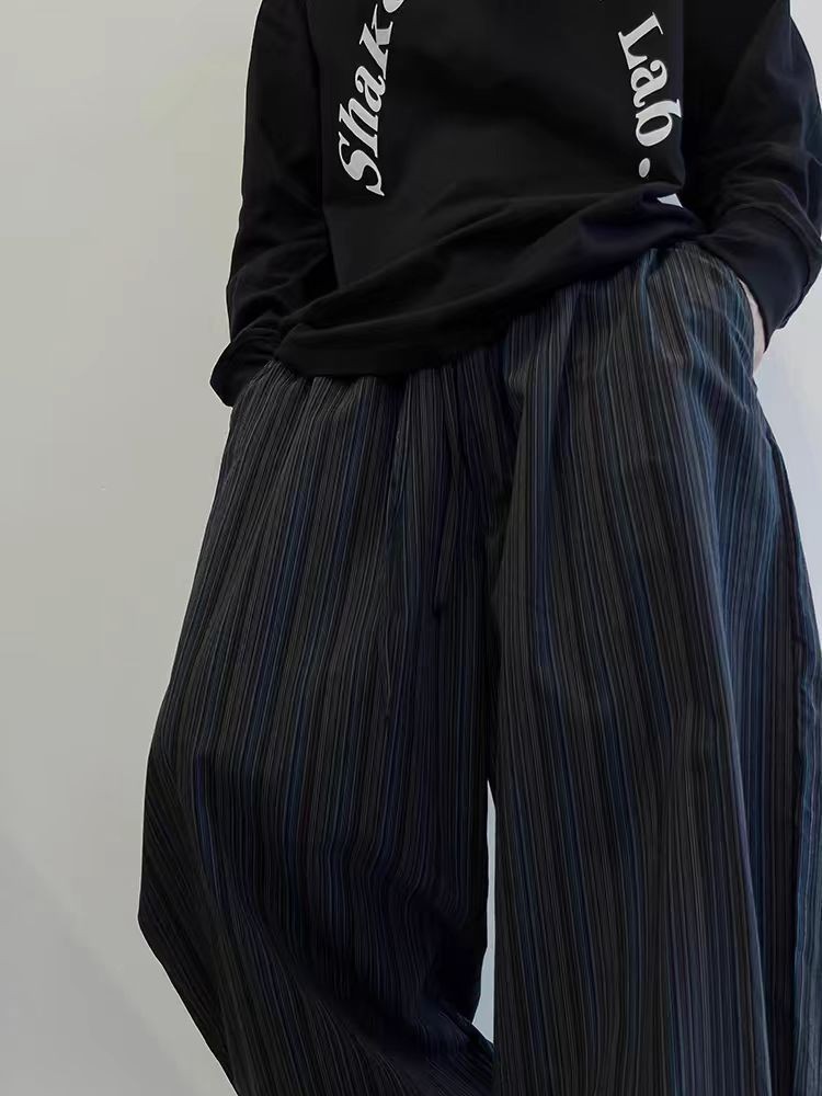 Vintage Black Blue Striped Wide-Leg Casual Pants
