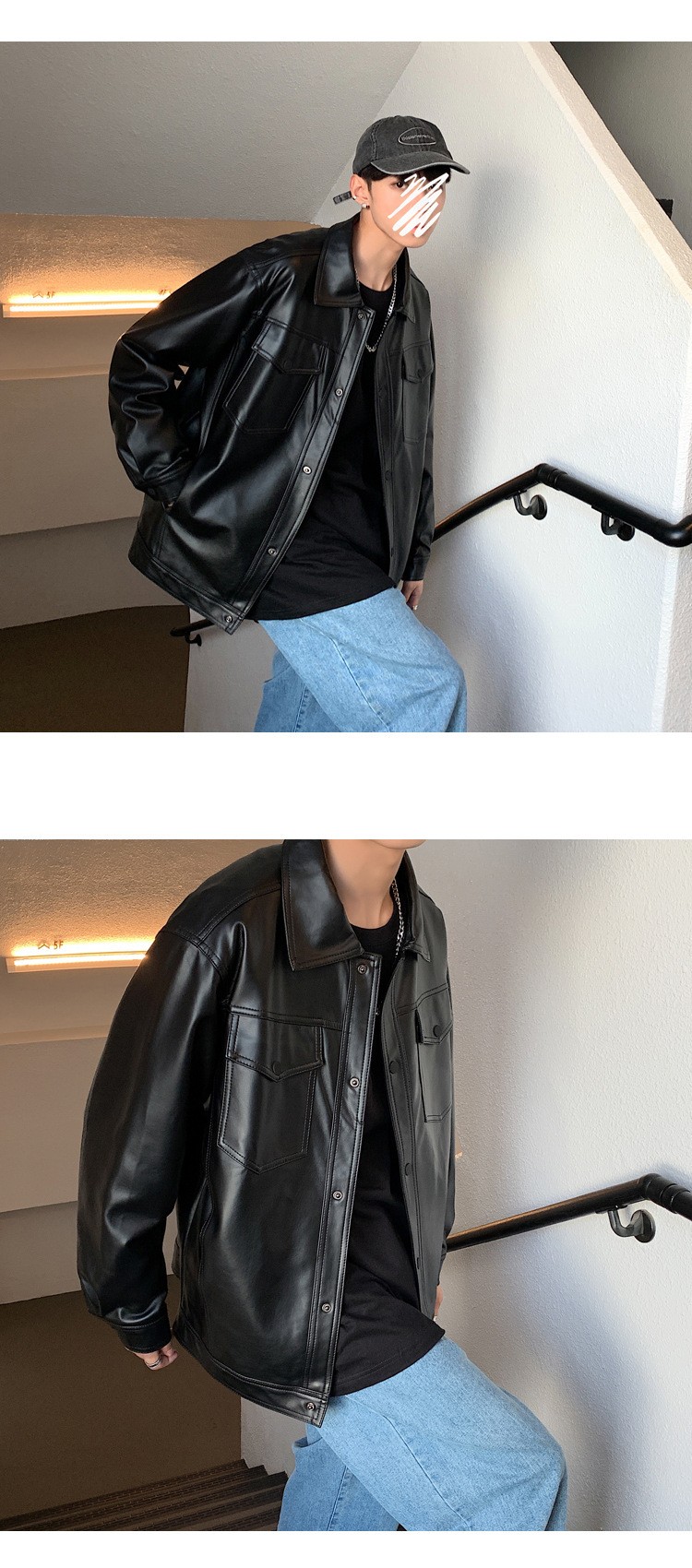 Men's Spring Loose Fit Moto Leather Jacket Men