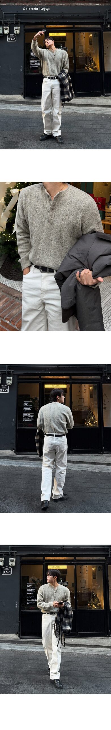 MYQ Loose Knit Henley Sweater for Men - Khaki