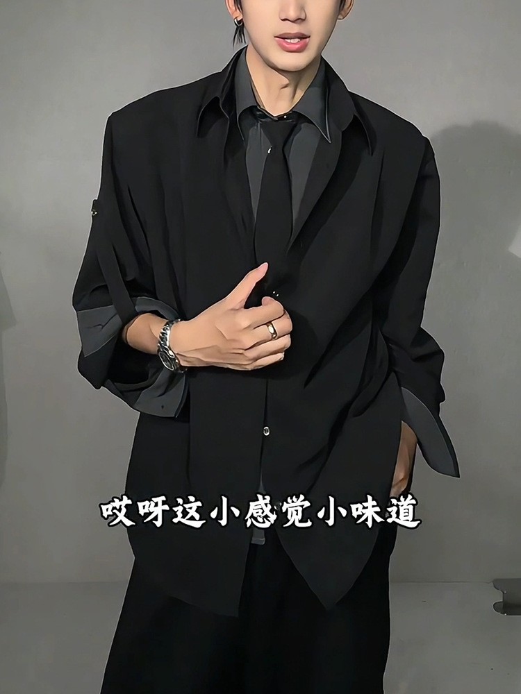 Men's Faux Two-Piece Tie Collar Shirt Jacket Men