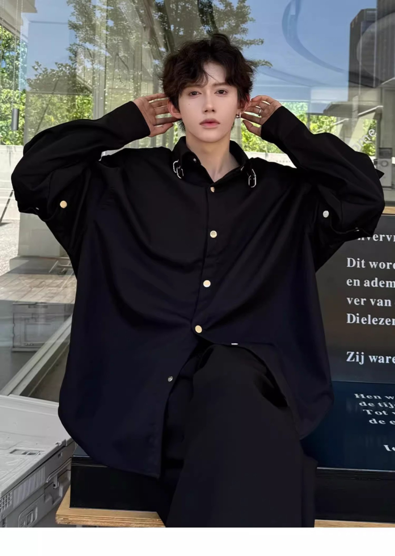 Black Detachable Shoulder Pad Casual Shirt for Men