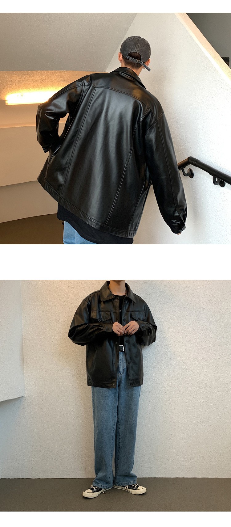 Men's Spring Loose Fit Moto Leather Jacket Men