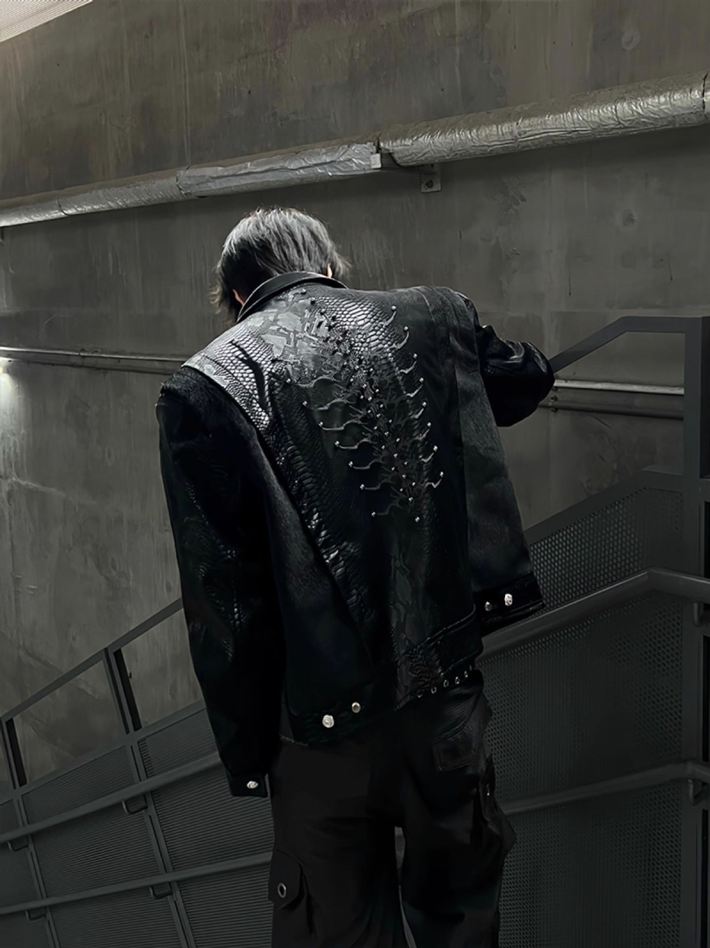 Cleanfit Black Snake-Texture Embroidered Leather Jacket Cleanfit Black Snake-Texture Embroidered Leather Jacket