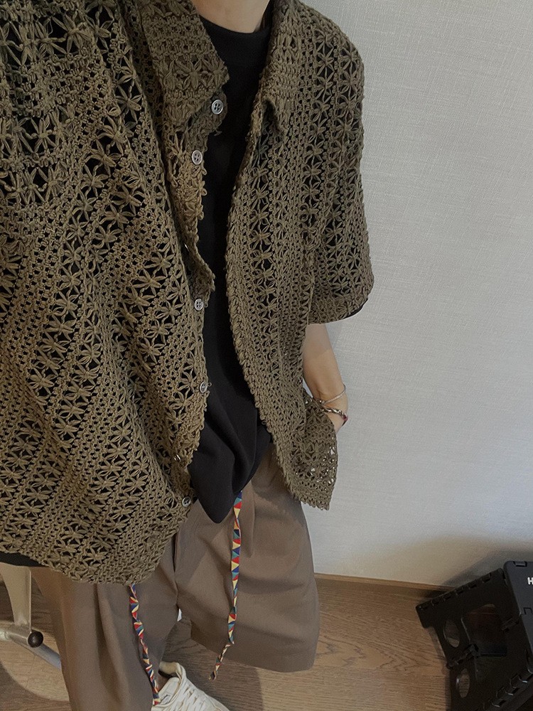 Men's Vintage Military Green Breathable Knit Shirt Men