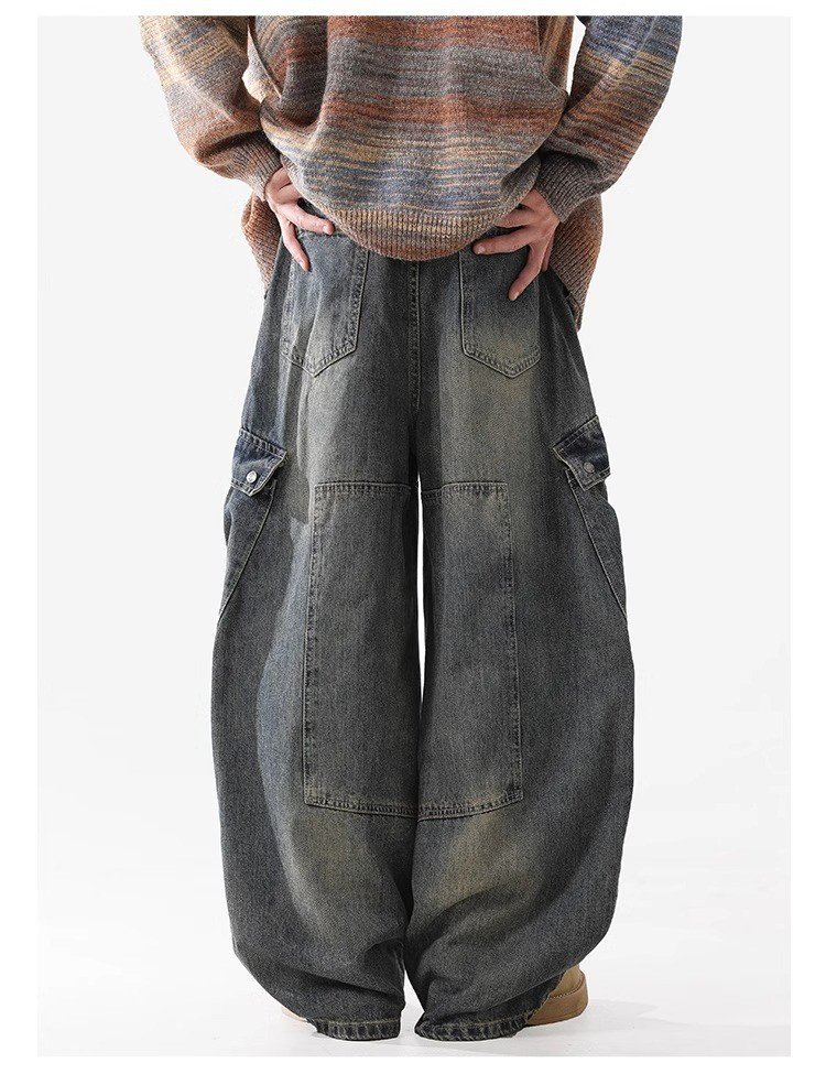Vintage High-Waist Multi-Pocket Wide-Leg Denim Pants