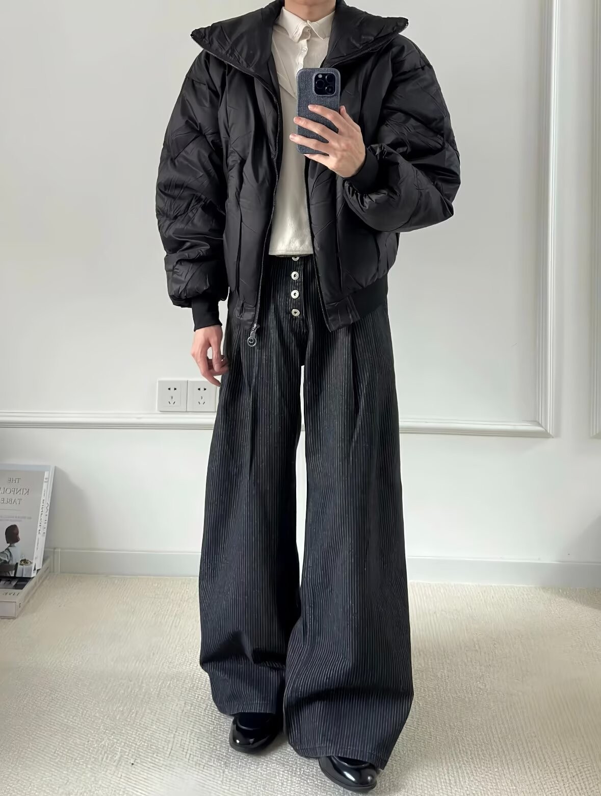 Men's High-Waist Pleated Denim Wide-Leg Trousers Men