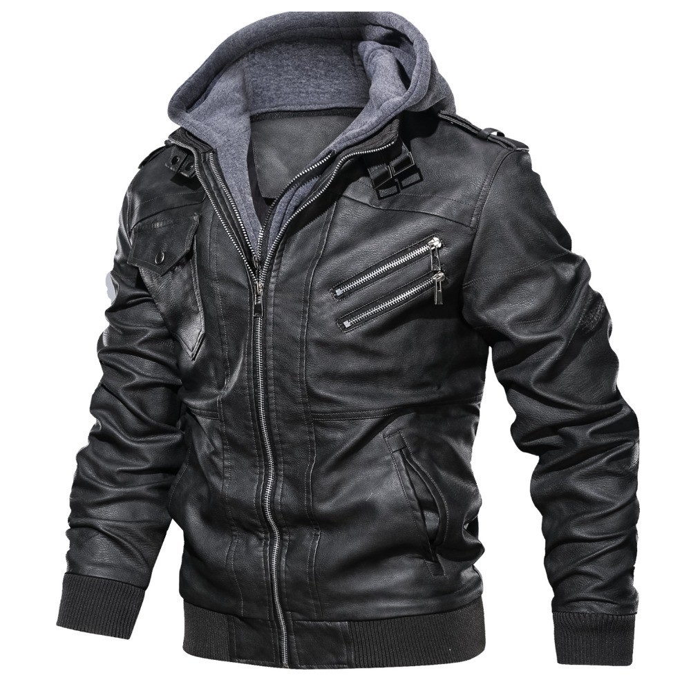 Men's Slim Fit PU Leather Hooded Jacket - Autumn Men