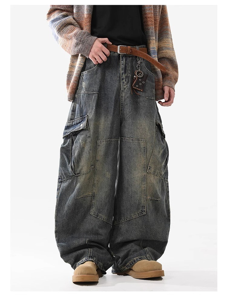 Vintage High-Waist Multi-Pocket Wide-Leg Denim Pants
