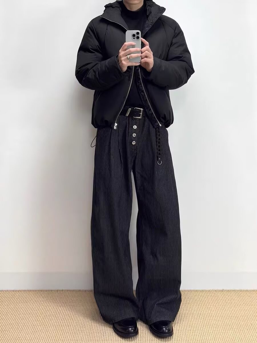 Men's High-Waist Pleated Denim Wide-Leg Trousers Men