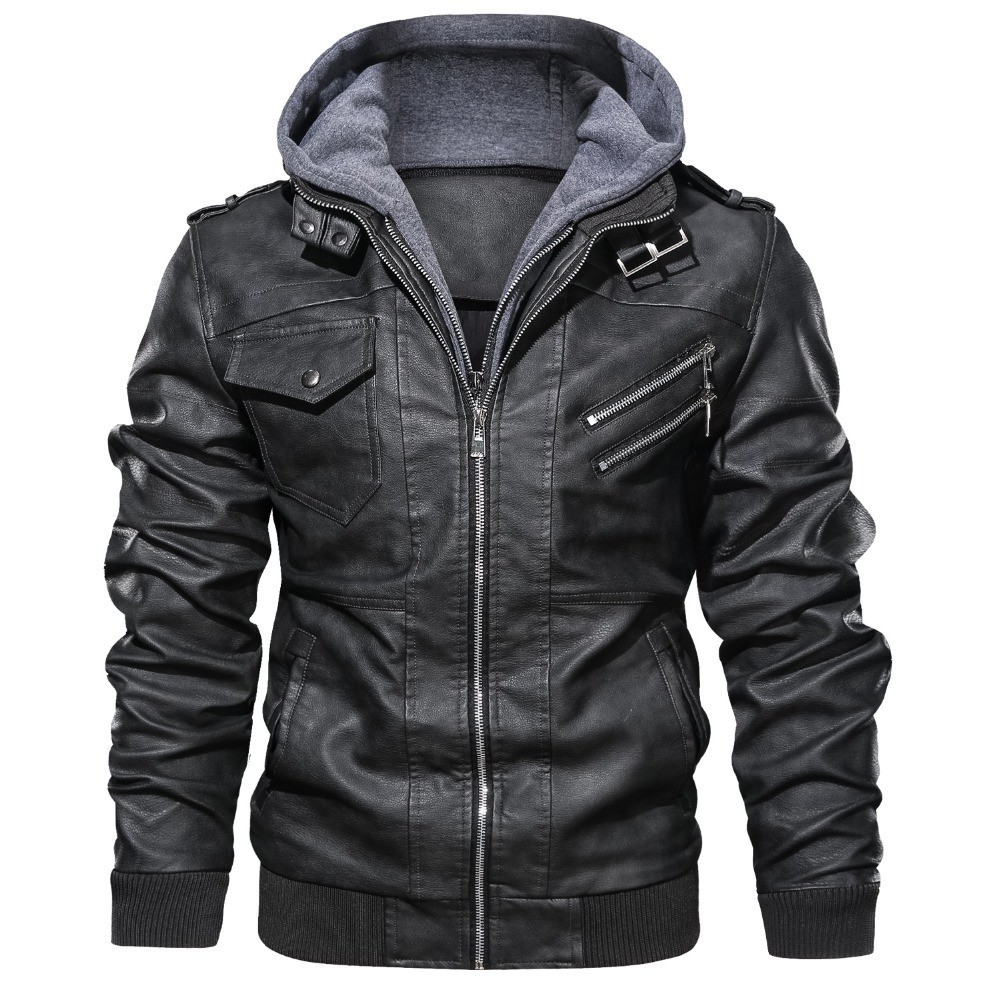 Men's Slim Fit PU Leather Hooded Jacket - Autumn Men