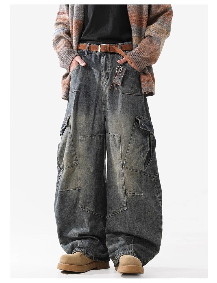 Vintage High-Waist Multi-Pocket Wide-Leg Denim Pants