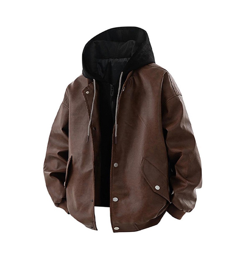 Men's Washed Polyester Hooded Casual Leather Jacket Men