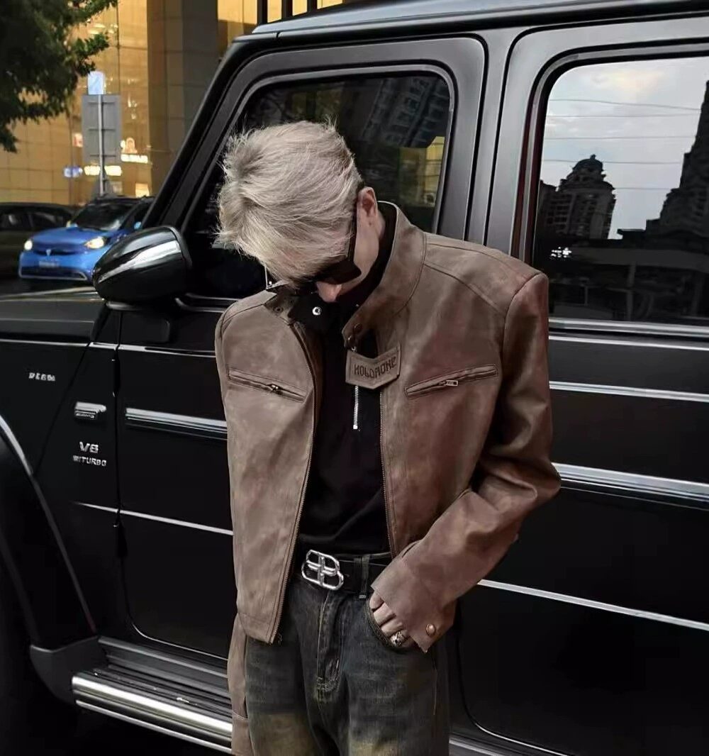 Vintage Brown Corduroy Hooded Biker Jacket