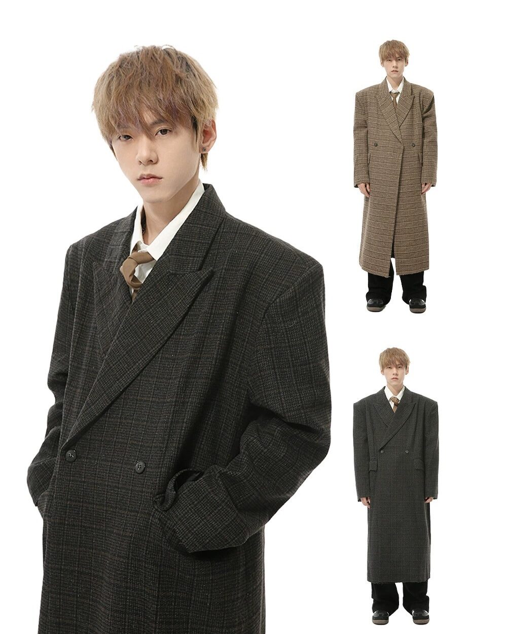 MTLCLOTHES Plaid Loose Wool Blend Long Coat
