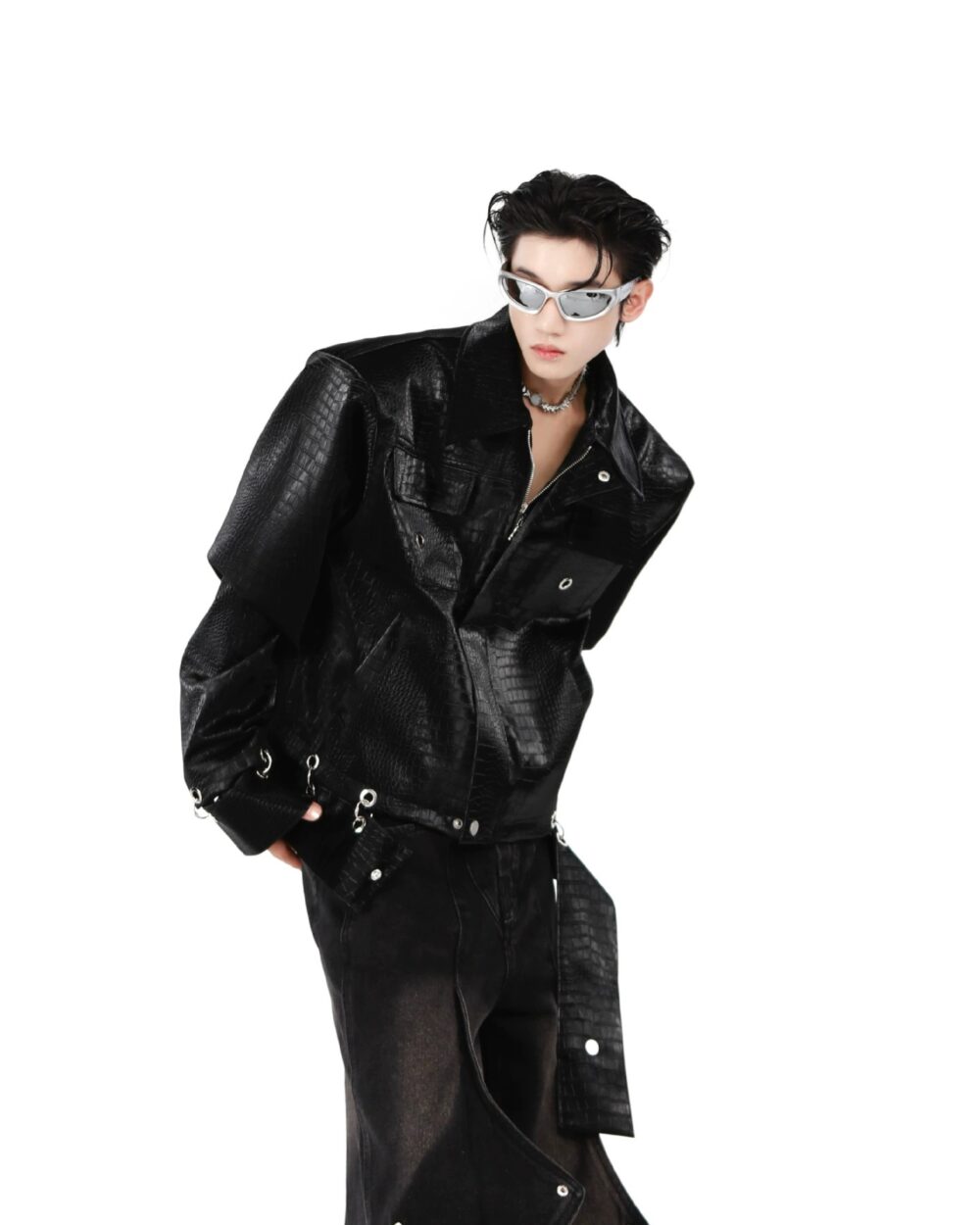 2024 Croc-Texture PU Leather Patchwork Jacket