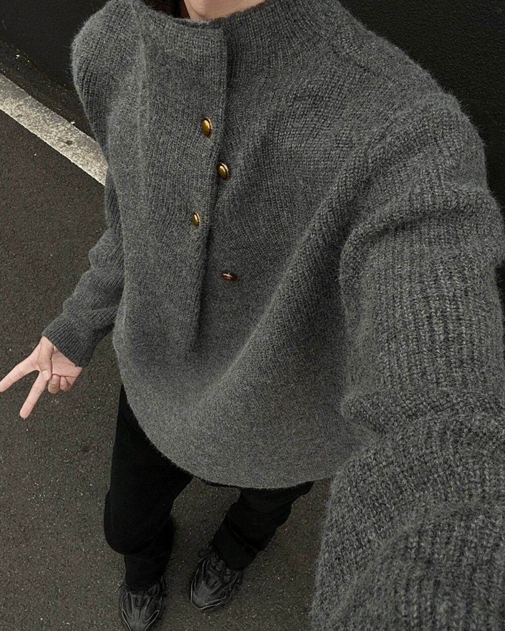 Men's Oversized High Neck Knit Sweater with Button Detail