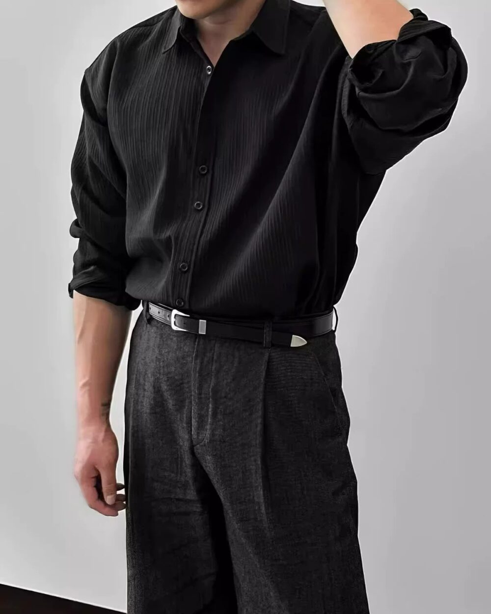 Korean Style Men's Textured Long Sleeve Shirt 2025