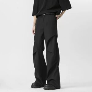 Men's Black Wrinkle Casual Straight-Leg Trousers