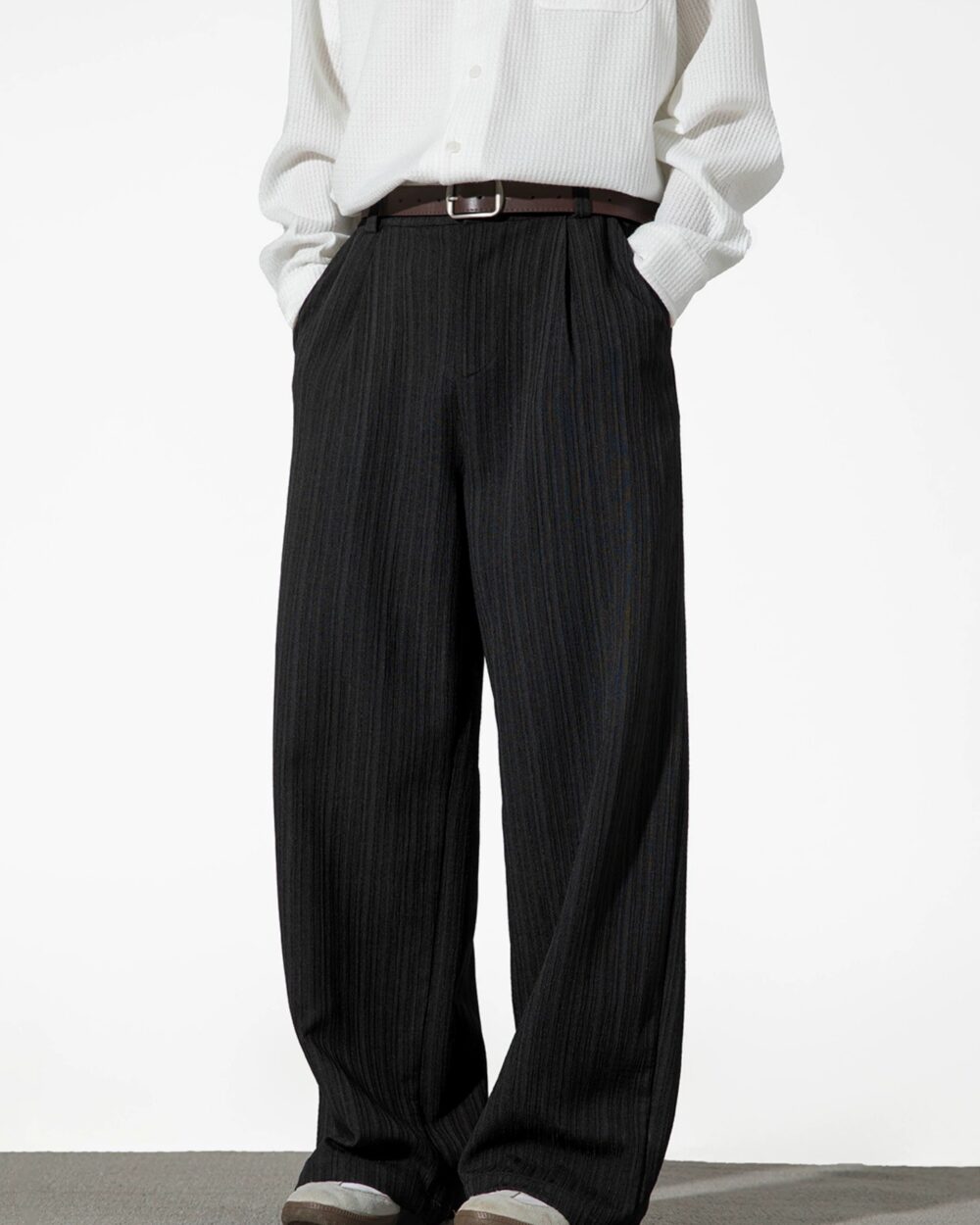 Men's Striped Pleated Casual Wide-Leg Trousers