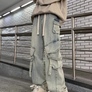 Men's Multi-Pocket Loose Straight-Leg Denim Pants