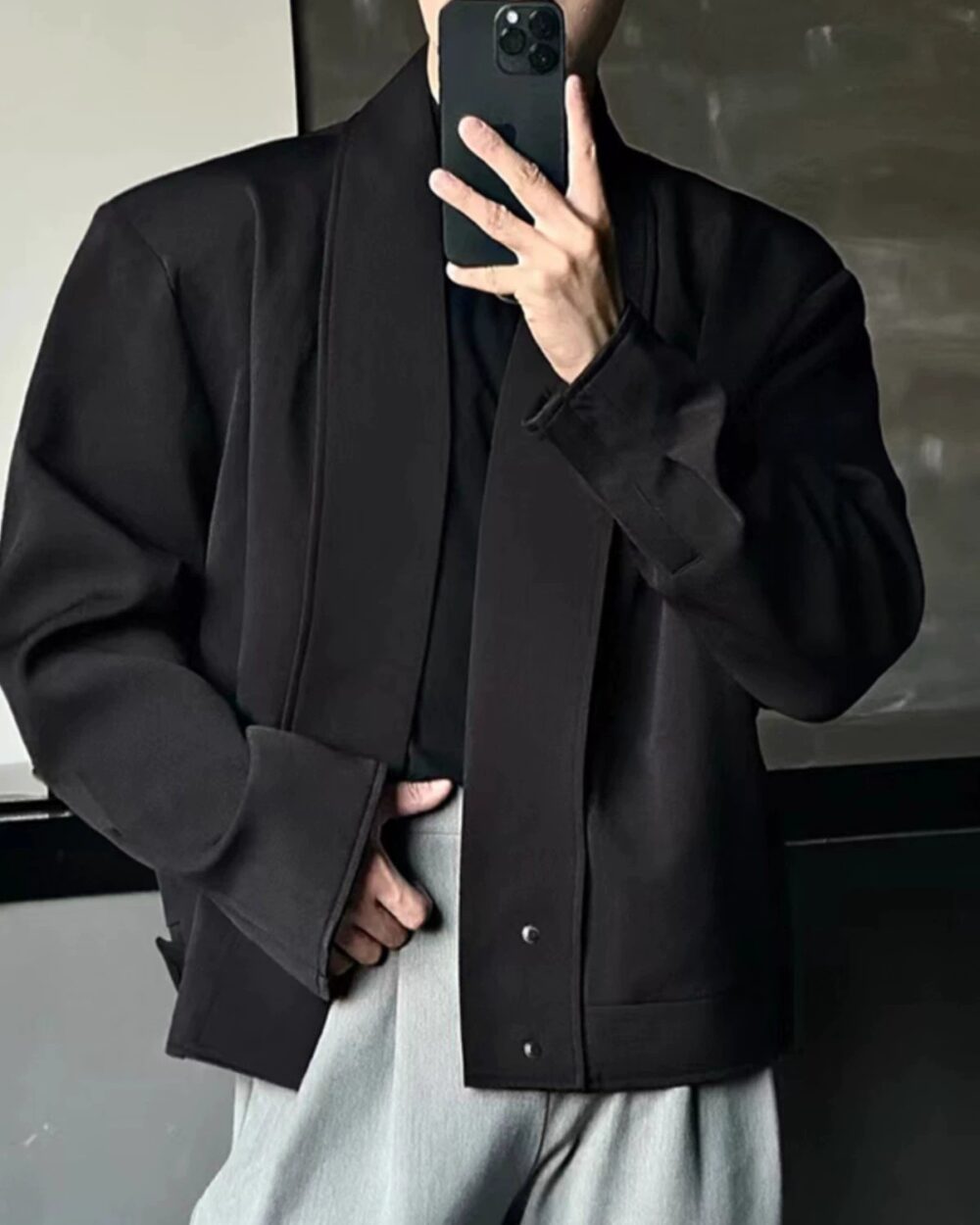 Black Collarless Casual Blazer for Men