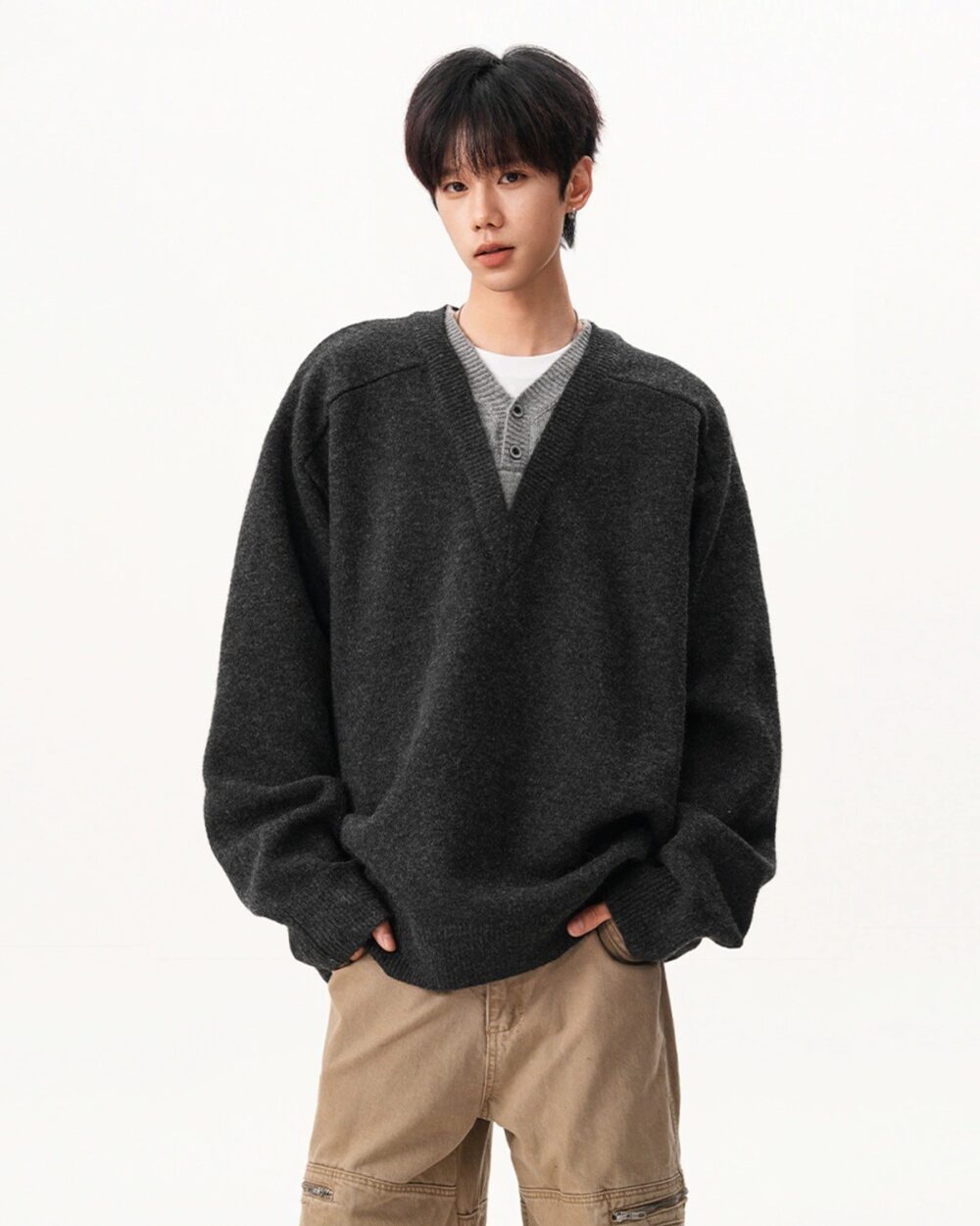 Men's Vintage V-Neck Layered Knit Sweater Polo